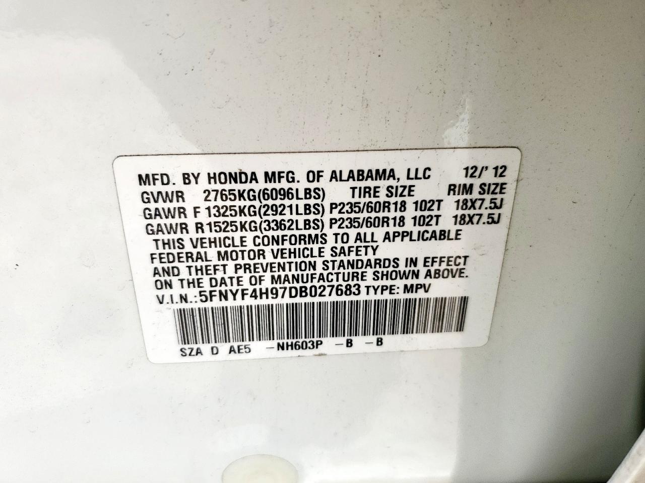 2013 Honda Pilot Touring VIN: 5FNYF4H97DB027683 Lot: 64652375