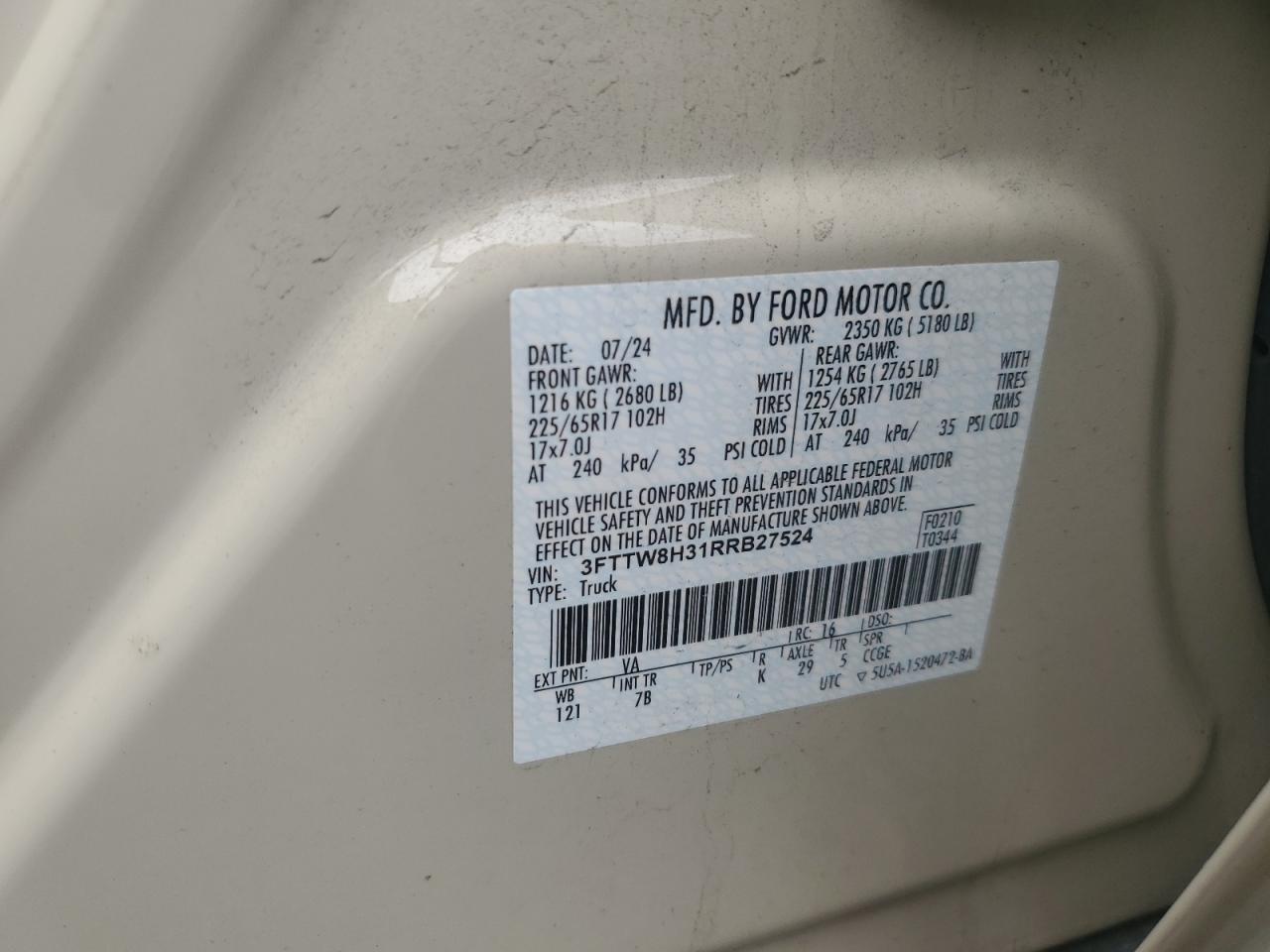 2024 Ford Maverick Xlt VIN: 3FTTW8H31RRB27524 Lot: 64405005