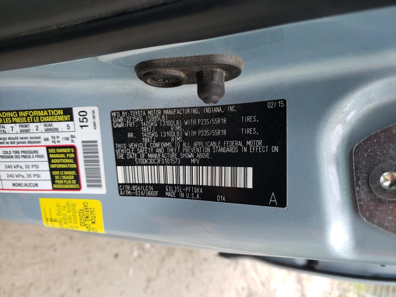 2015 Toyota Sienna Xle VIN: 5TDDK3DC3FS101573 Lot: 65217565