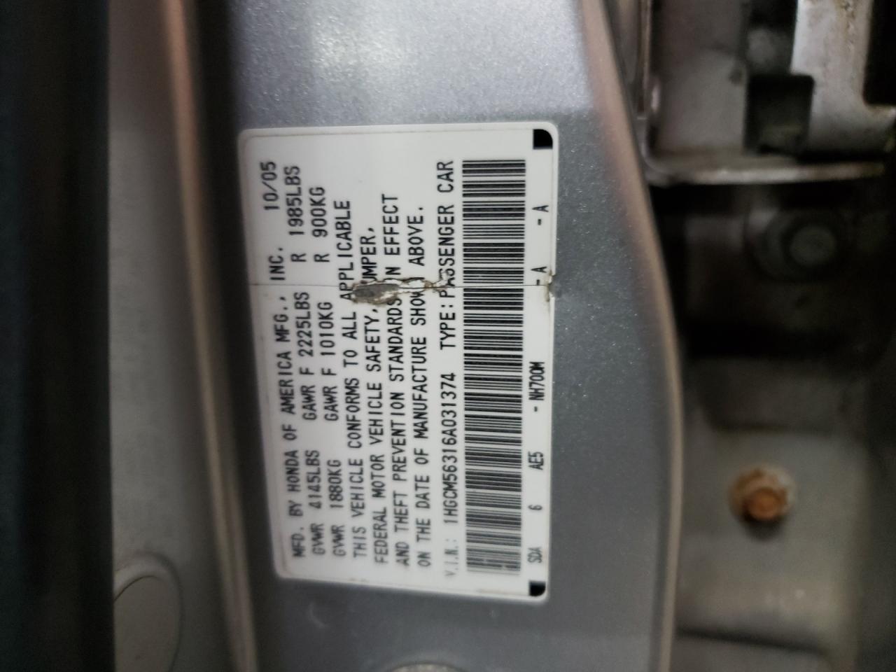 2006 Honda Accord Se VIN: 1HGCM56316A031374 Lot: 64182755