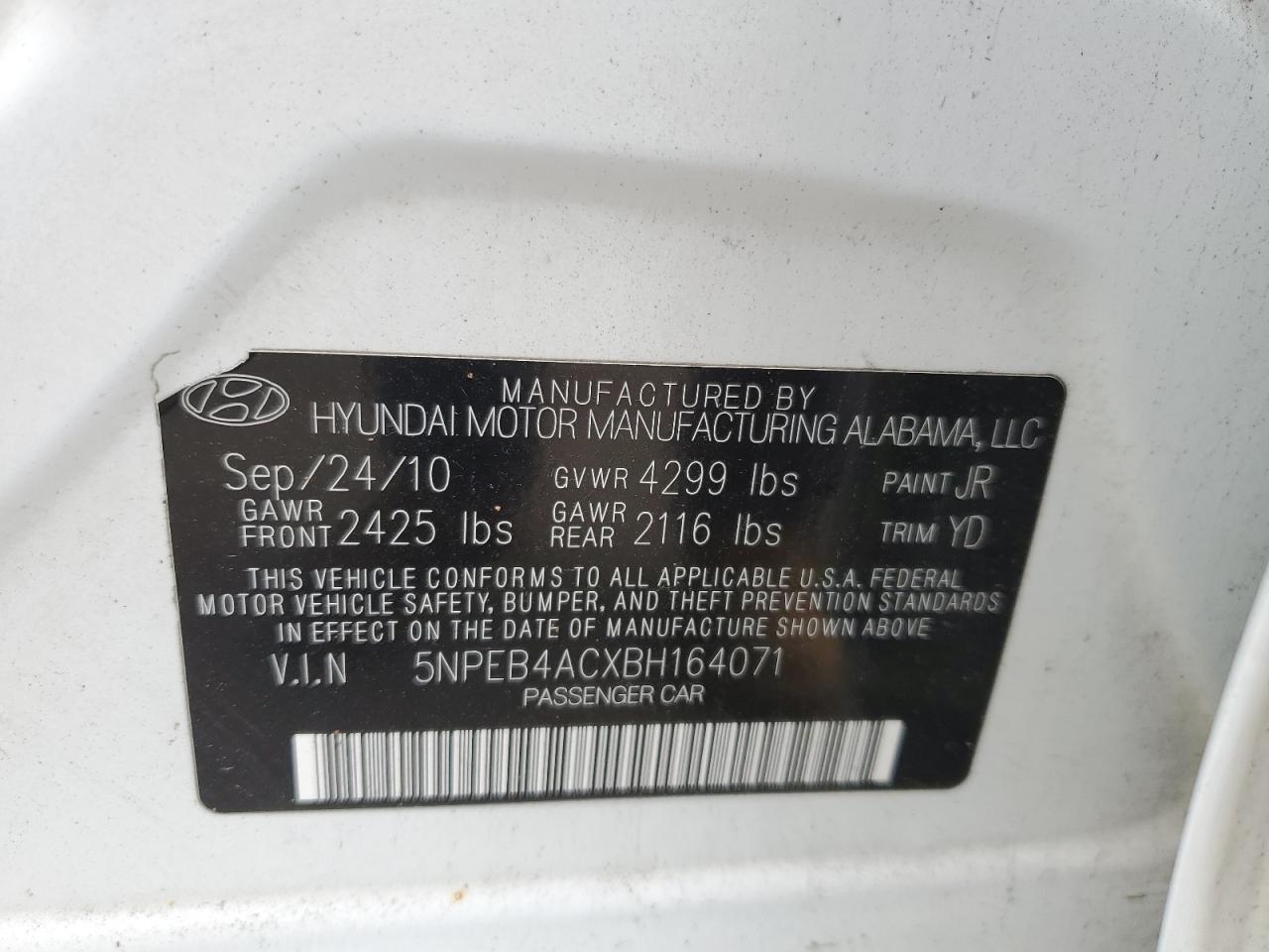 2011 Hyundai Sonata Gls VIN: 5NPEB4ACXBH164071 Lot: 63986805