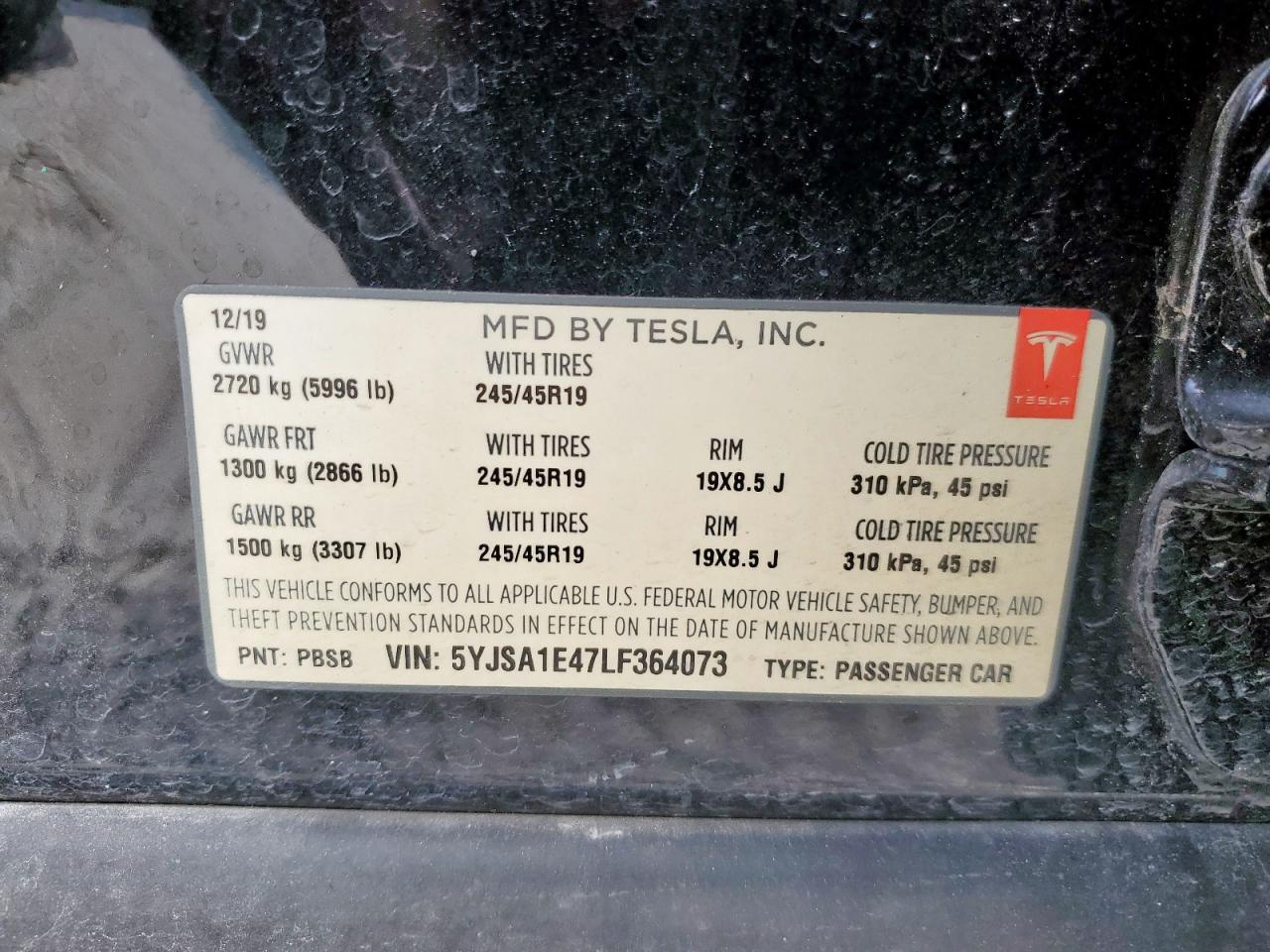 2020 Tesla Model S VIN: 5YJSA1E47LF364073 Lot: 64644875