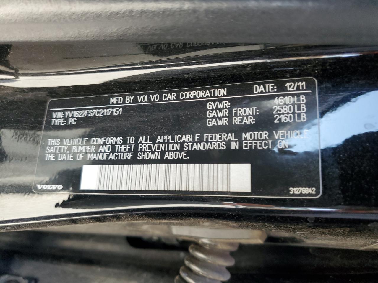 2012 Volvo S60 T5 VIN: YV1622FS7C2117151 Lot: 61243505