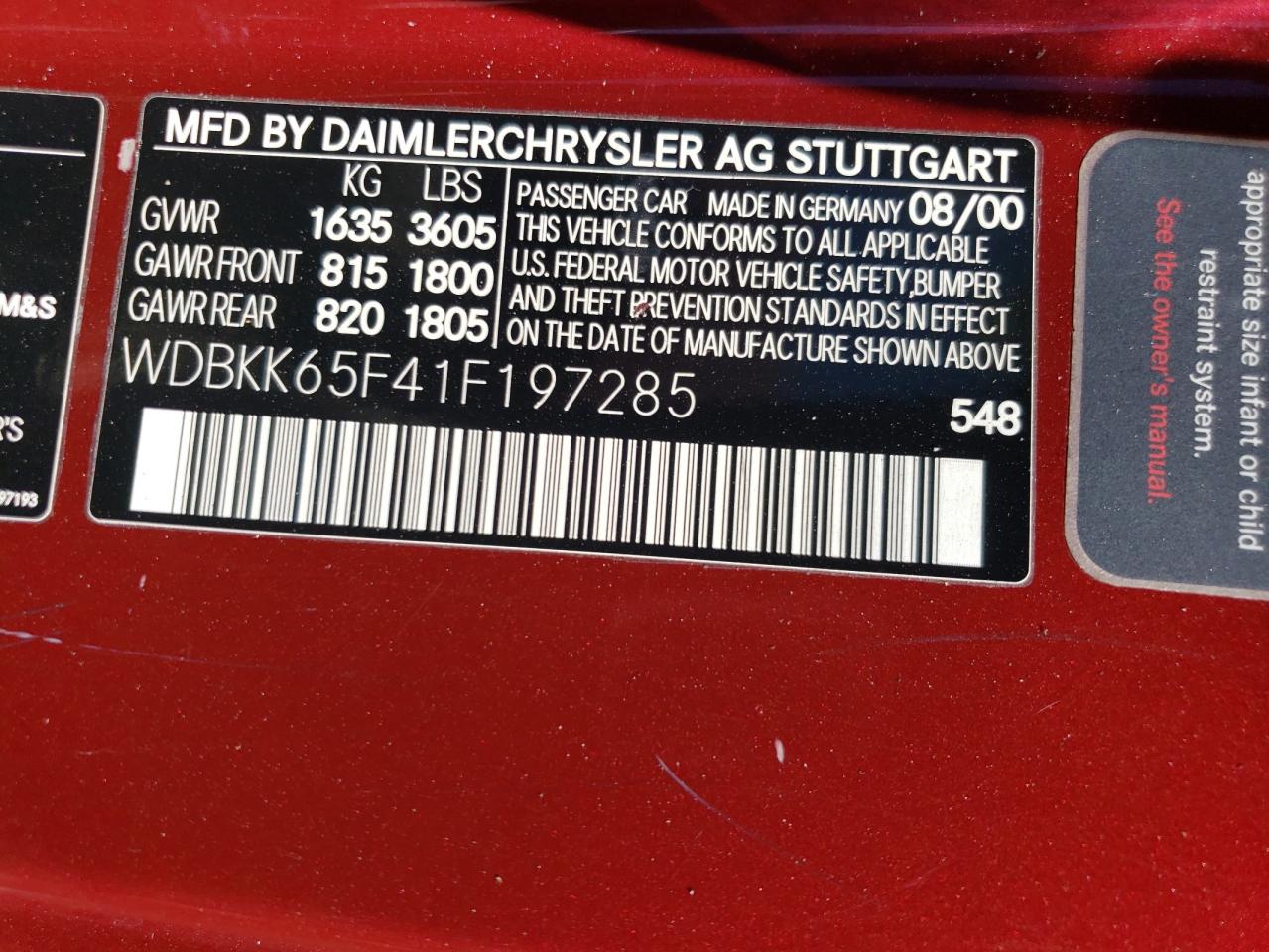 2001 Mercedes-Benz Slk 320 VIN: WDBKK65F41F197285 Lot: 65163685