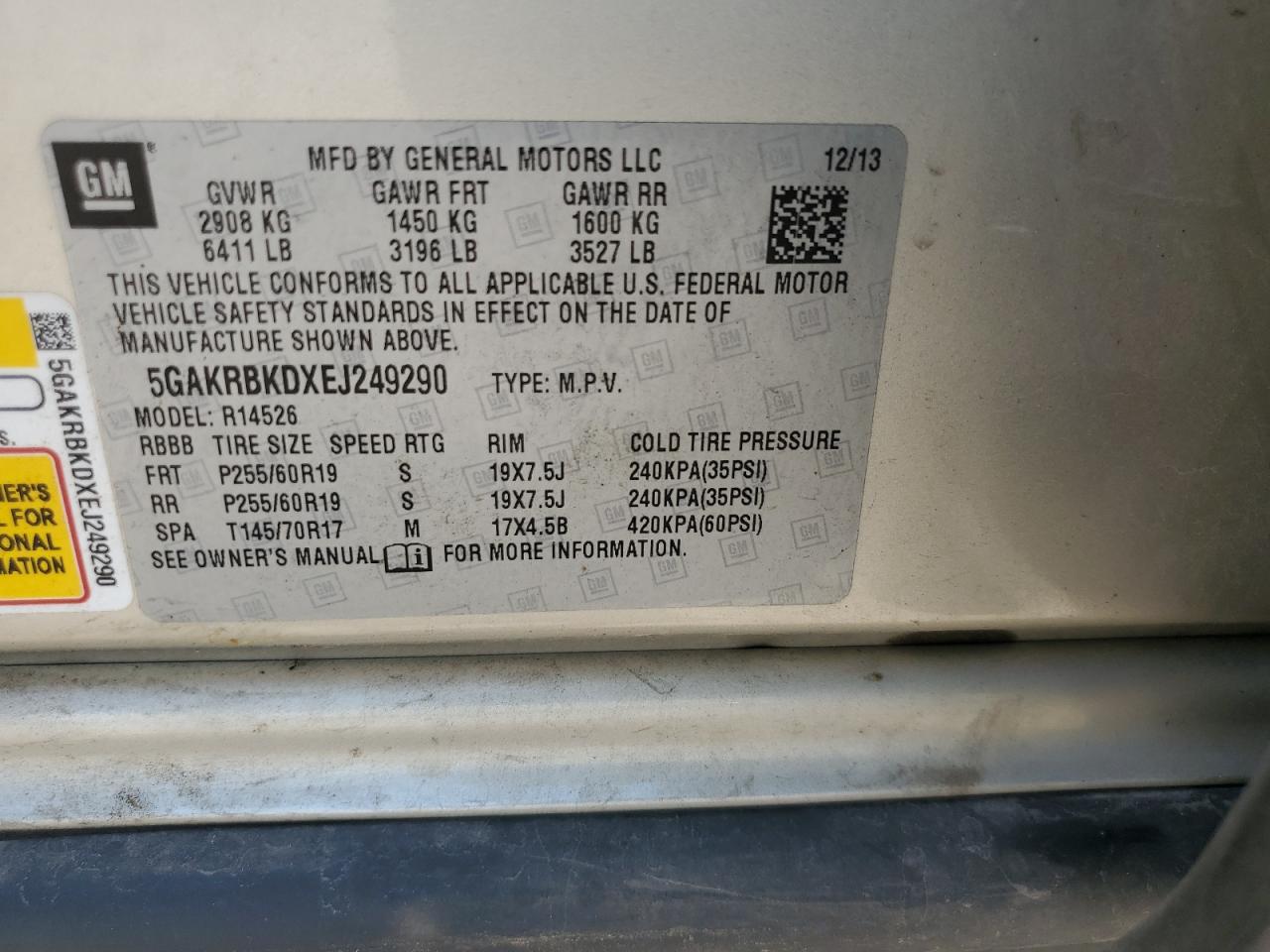 2014 Buick Enclave VIN: 5GAKRBKDXEJ249290 Lot: 62209825