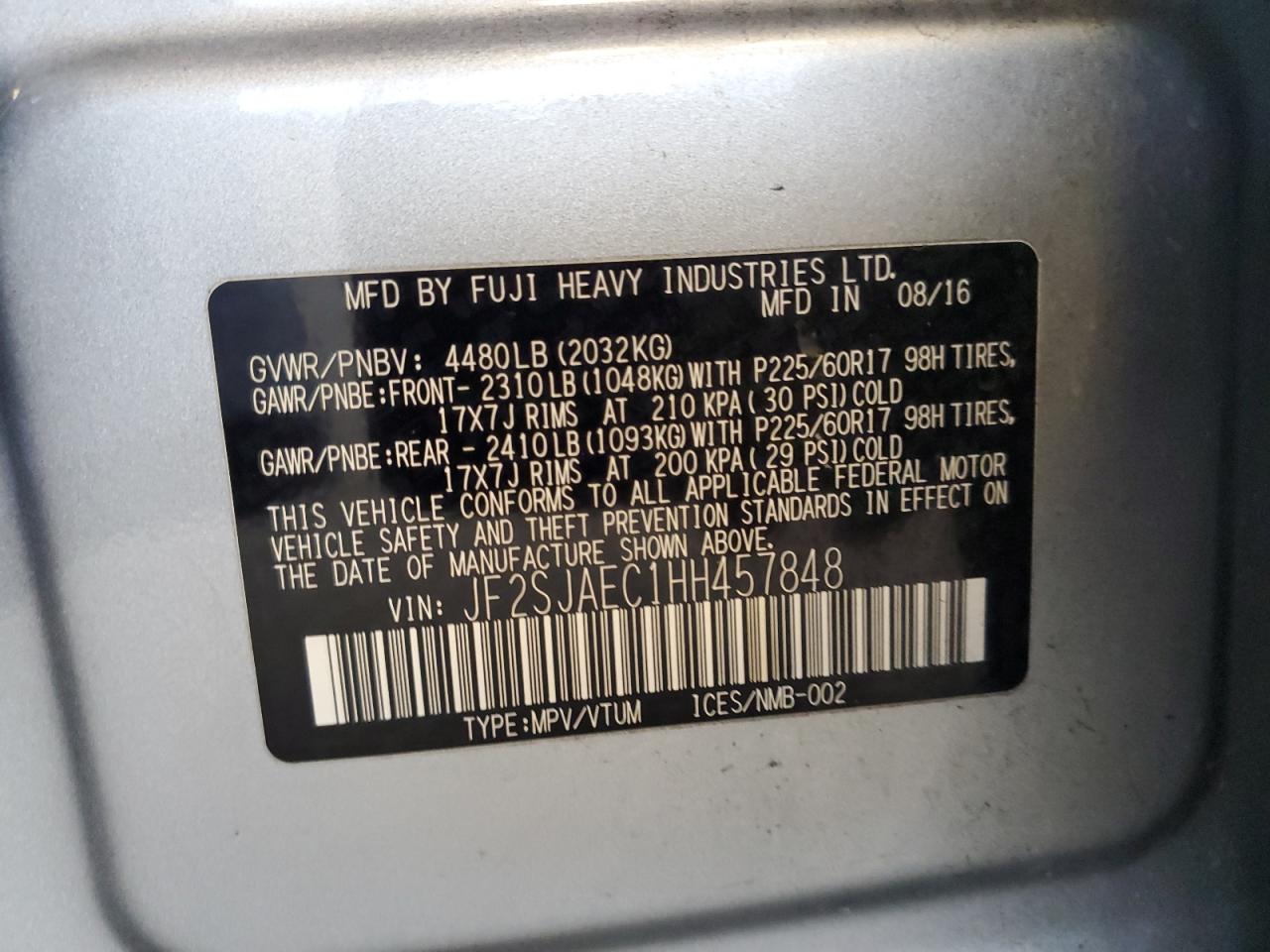 2017 Subaru Forester 2.5I Premium VIN: JF2SJAEC1HH457848 Lot: 63289355