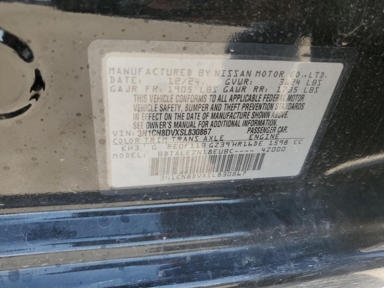 2025 Nissan Versa S VIN: 3N1CN8DVXSL830867 Lot: 64849555