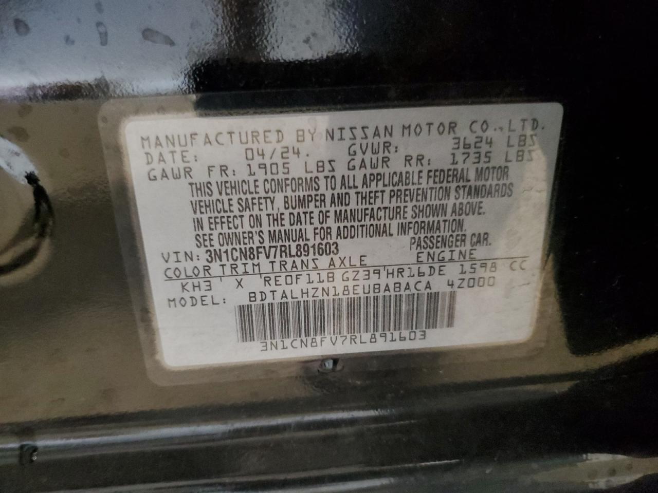 2024 Nissan Versa Sr VIN: 3N1CN8FV7RL891603 Lot: 64994795