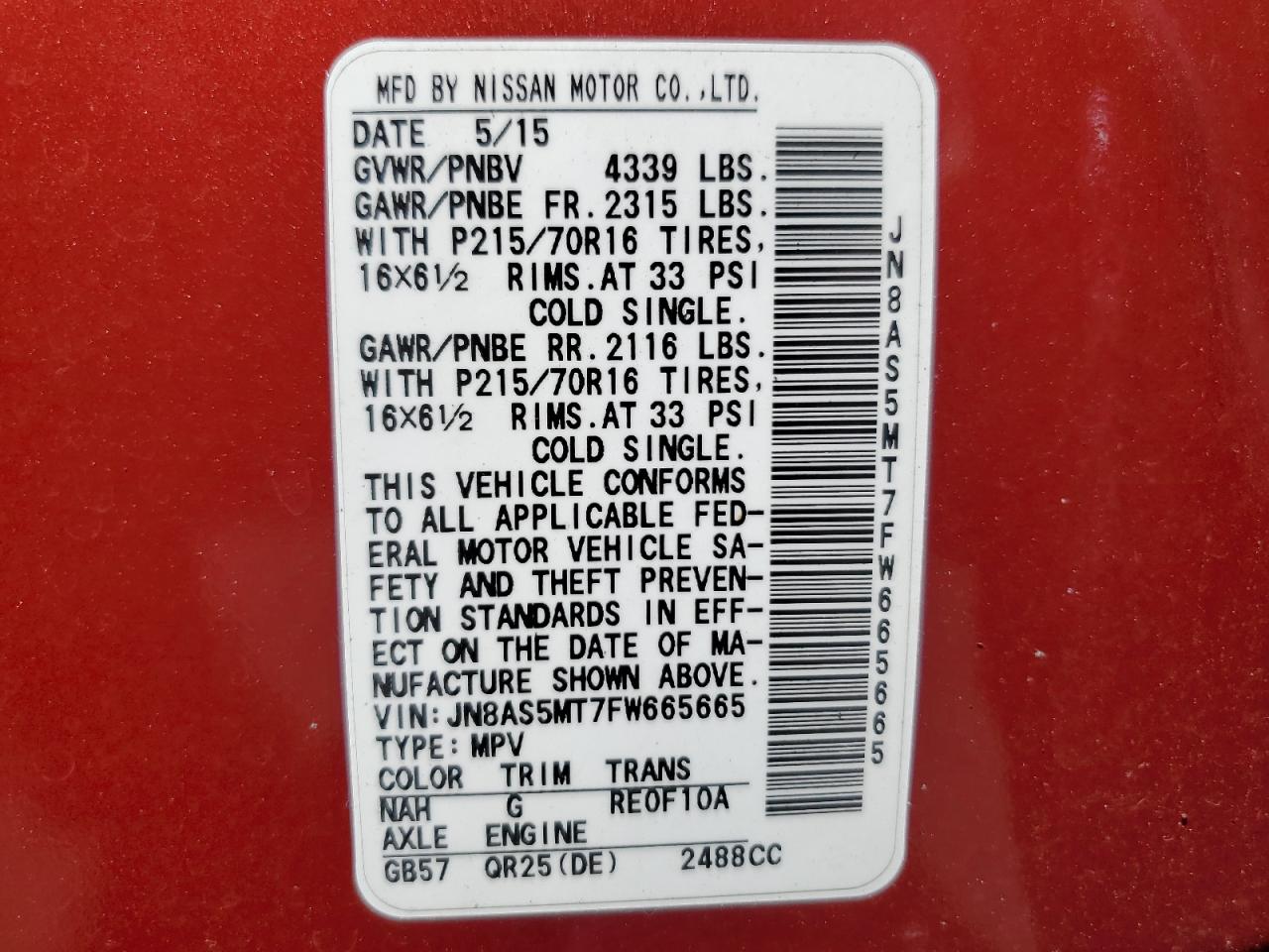 2015 Nissan Rogue Select S VIN: JN8AS5MT7FW665665 Lot: 65279175