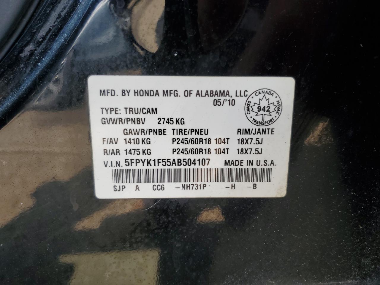 2010 Honda Ridgeline Rtl VIN: 5FPYK1F55AB504107 Lot: 62833495