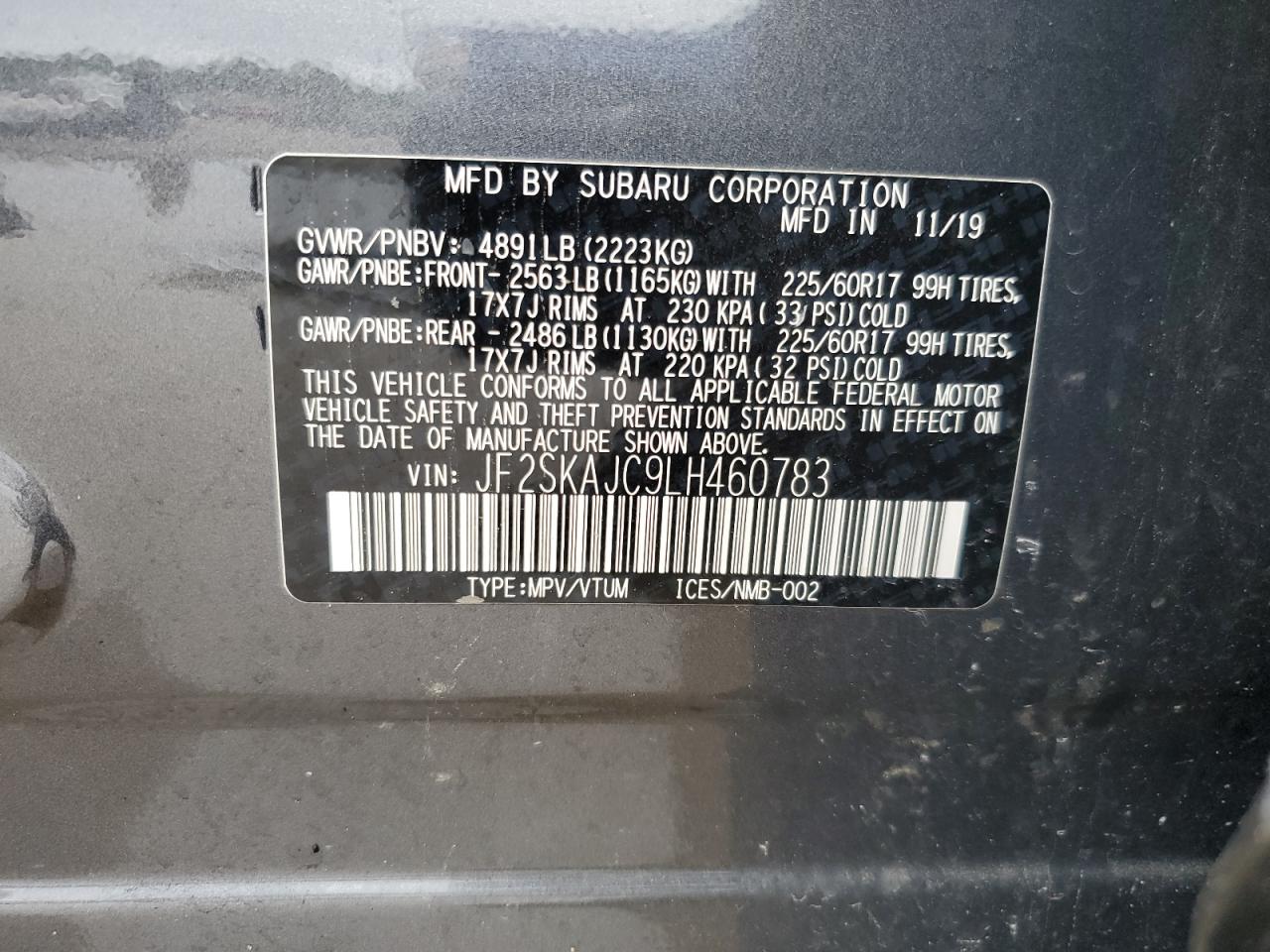 2020 Subaru Forester Premium VIN: JF2SKAJC9LH460783 Lot: 63146435