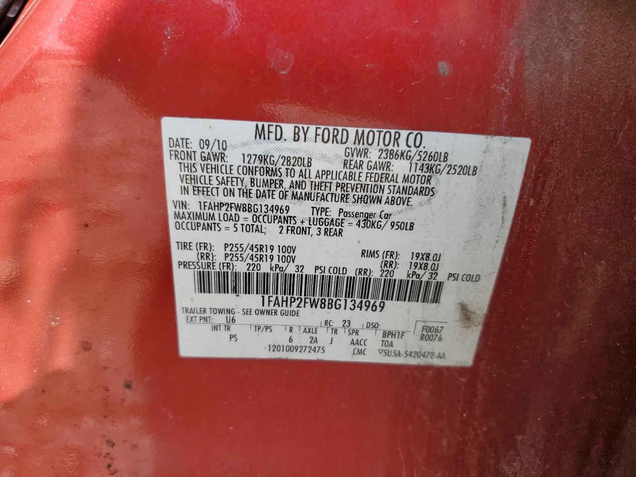 2011 Ford Taurus Limited VIN: 1FAHP2FW8BG134969 Lot: 64615995