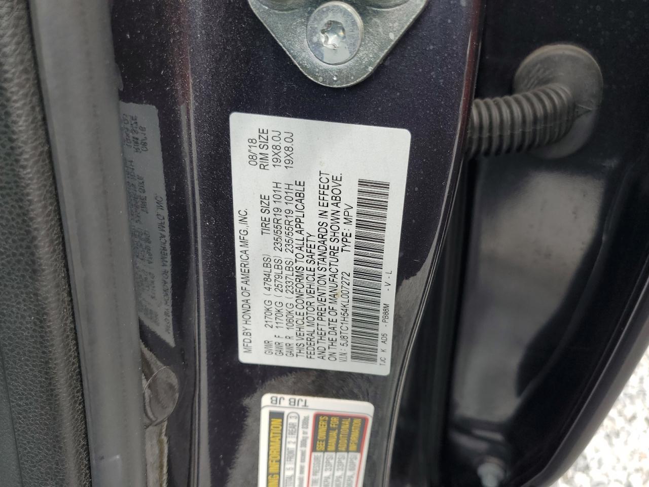 2019 Acura Rdx Technology VIN: 5J8TC1H54KL007272 Lot: 62398455