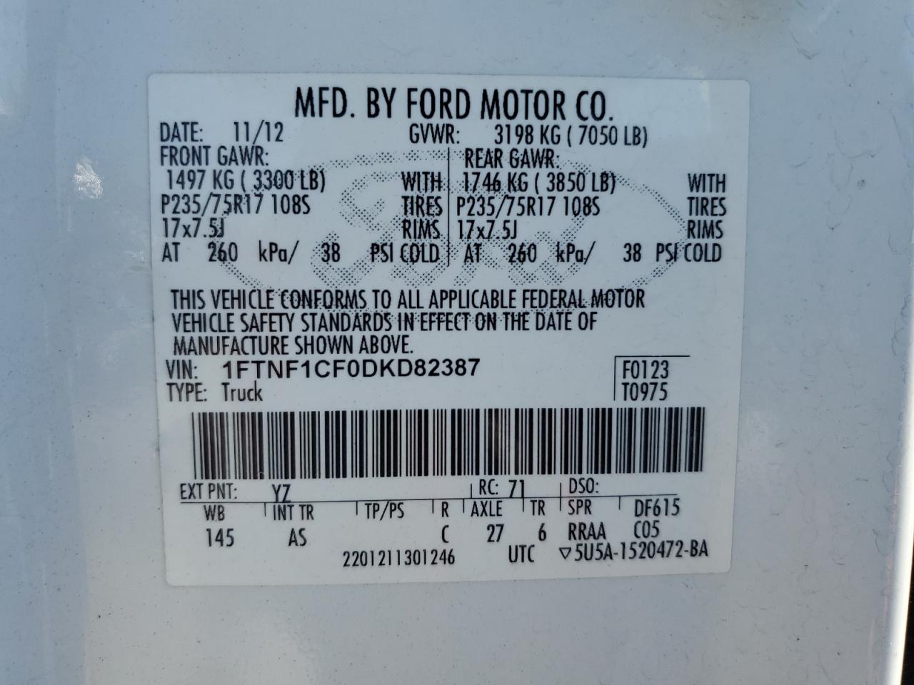2013 Ford F150 VIN: 1FTNF1CF0DKD82387 Lot: 64652085