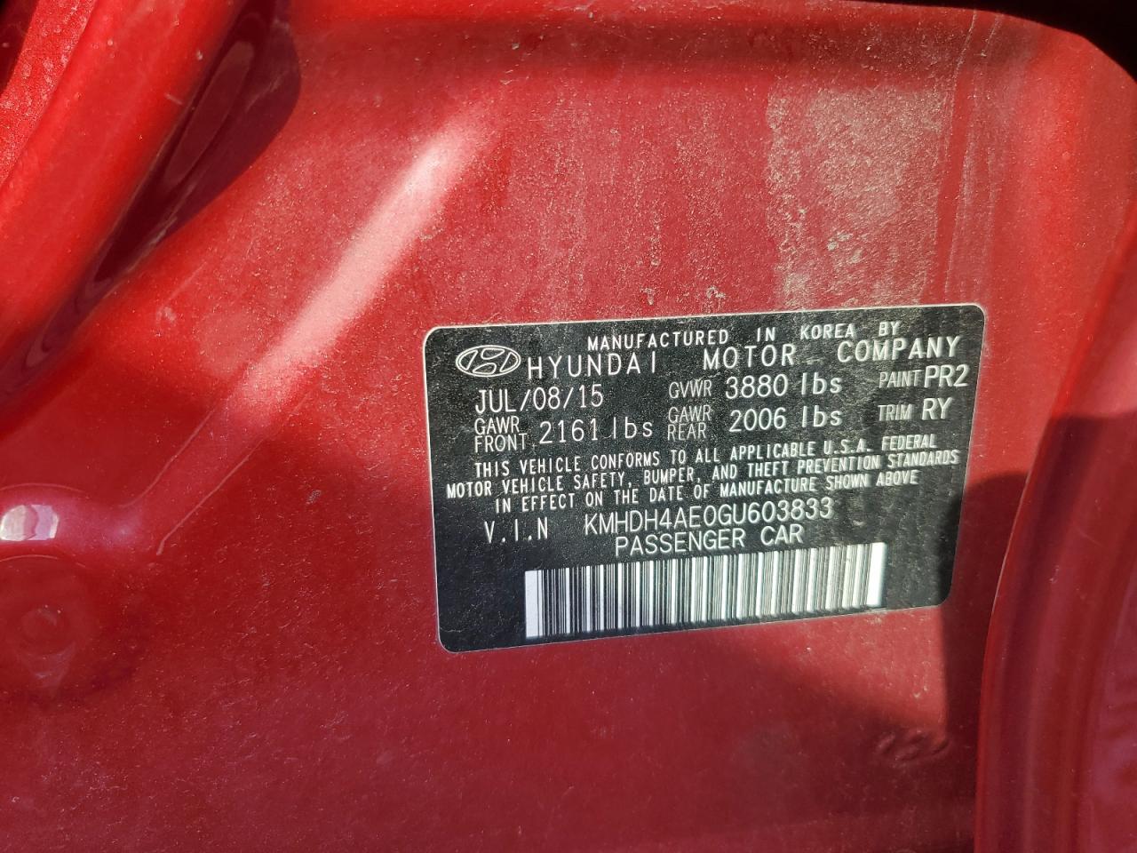 2016 Hyundai Elantra Se VIN: KMHDH4AE0GU603833 Lot: 64988105