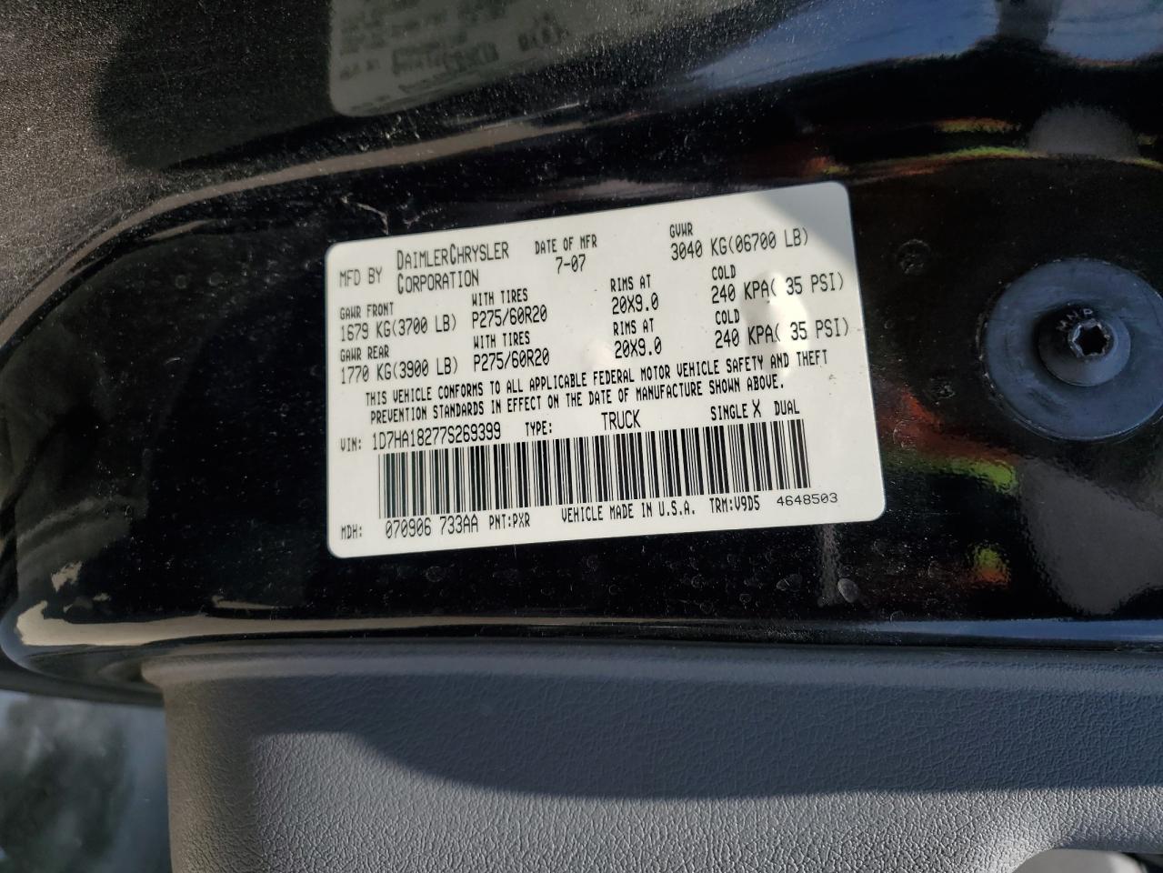 2007 Dodge Ram 1500 St VIN: 1D7HA18277S269399 Lot: 65272185