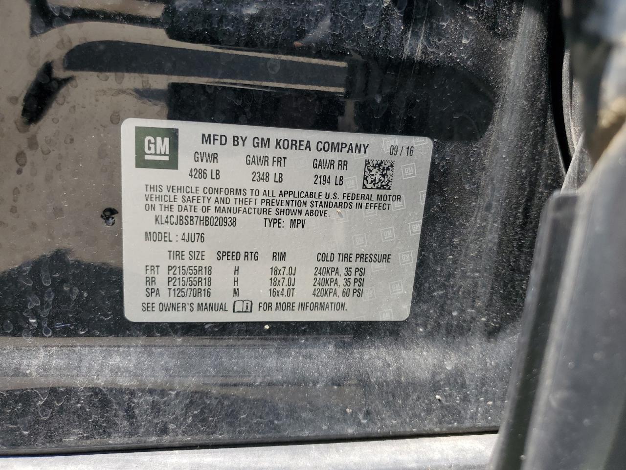 2017 Buick Encore Preferred Ii VIN: KL4CJBSB7HB020938 Lot: 66596465