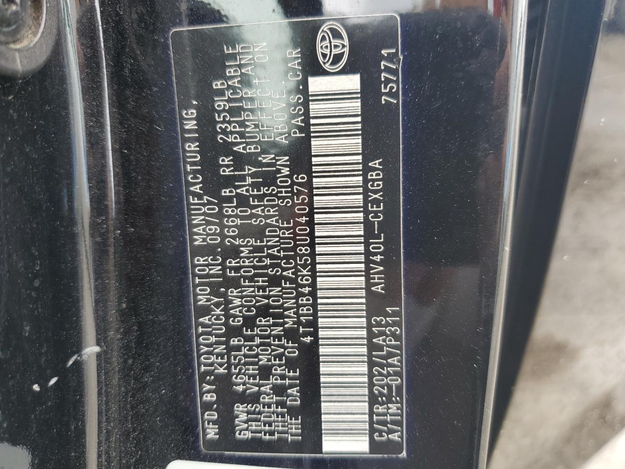 2008 Toyota Camry Hybrid VIN: 4T1BB46K58U040576 Lot: 64886035