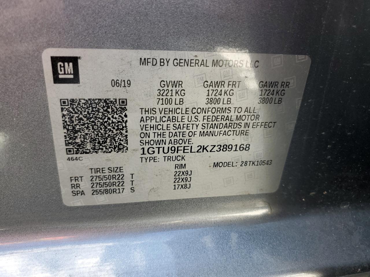 2019 GMC Sierra K1500 Denali VIN: 1GTU9FEL2KZ389168 Lot: 64778925
