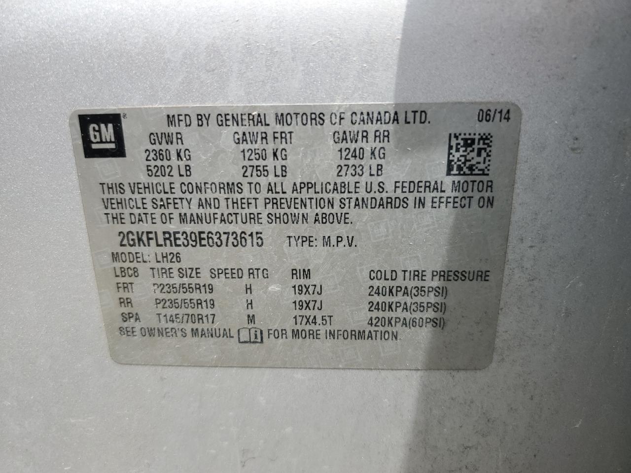 2014 GMC Terrain Sle VIN: 2GKFLRE39E6373615 Lot: 67093605