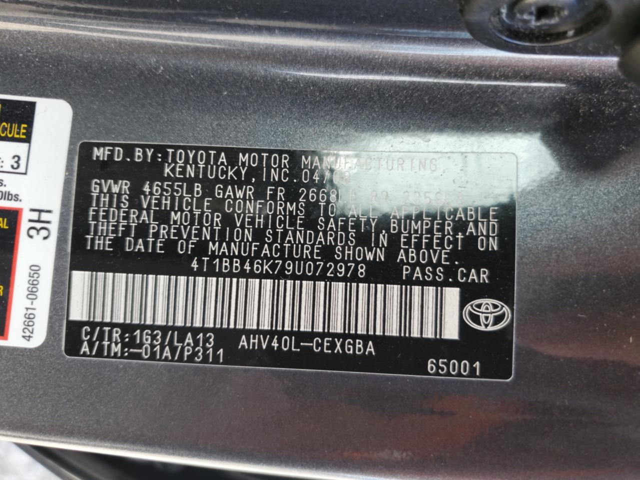 2009 Toyota Camry Hybrid VIN: 4T1BB46K79U072978 Lot: 65374565