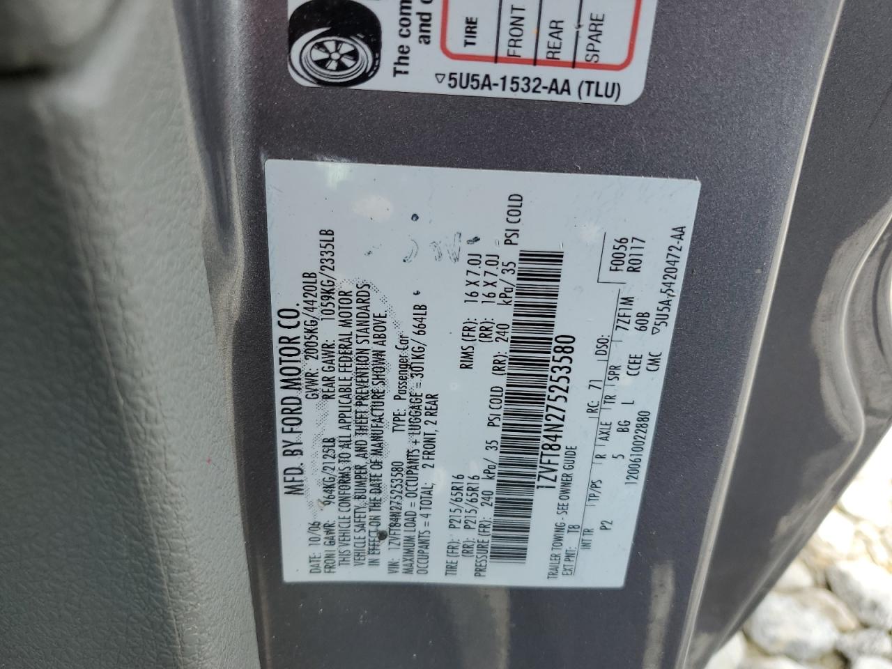 2007 Ford Mustang VIN: 1ZVFT84N275253580 Lot: 65348365