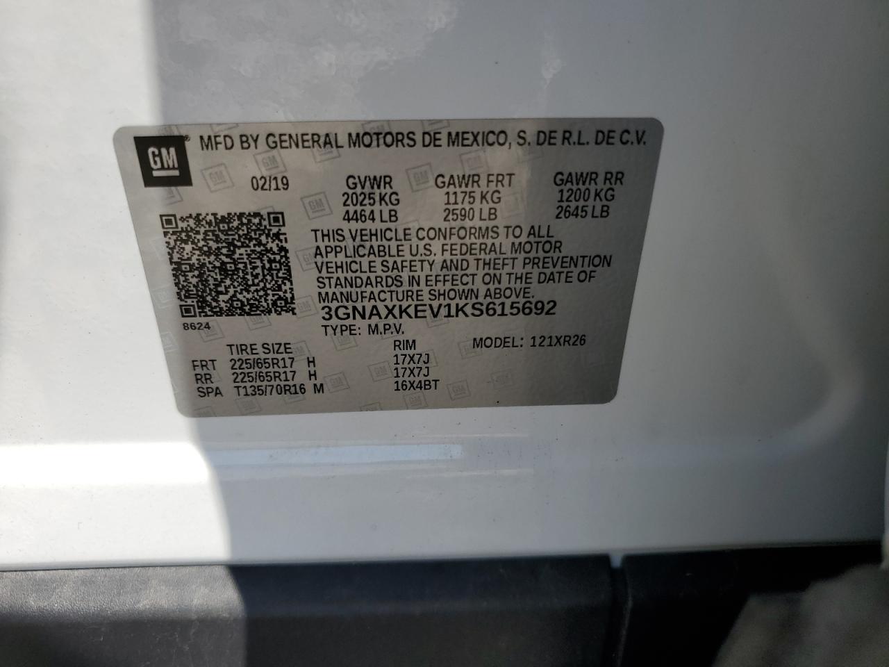 2019 Chevrolet Equinox Lt VIN: 3GNAXKEV1KS615692 Lot: 65222665