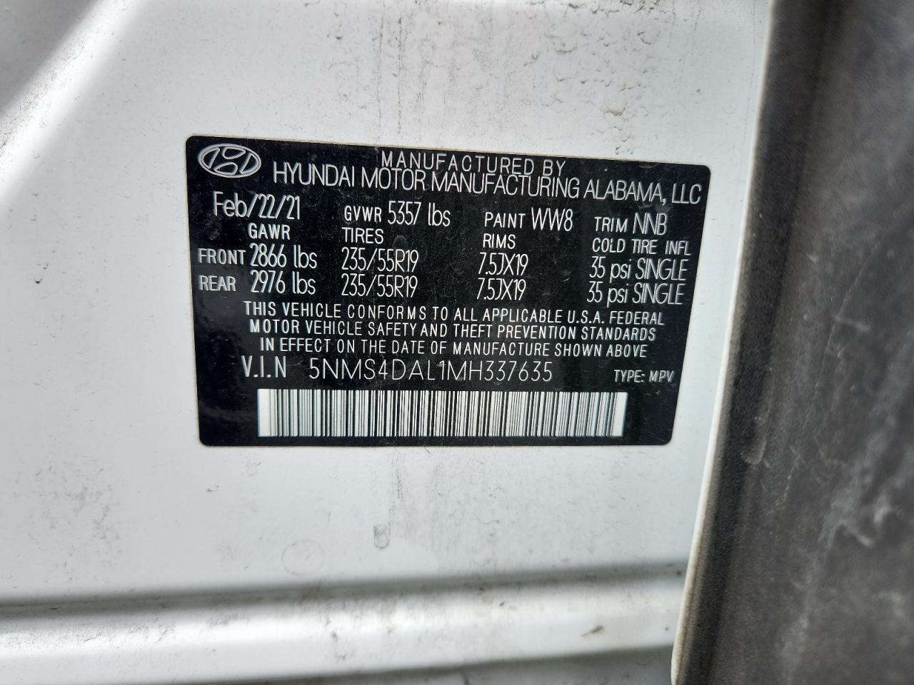 2021 Hyundai Santa Fe Limited VIN: 5NMS4DAL1MH337635 Lot: 64073665