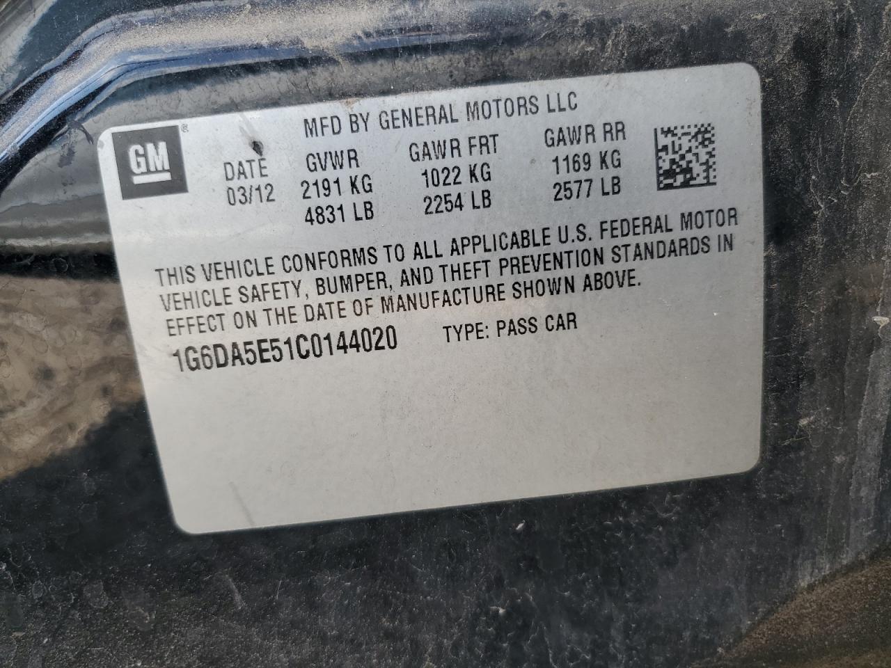 2012 Cadillac Cts VIN: 1G6DA5E51C0144020 Lot: 65024265