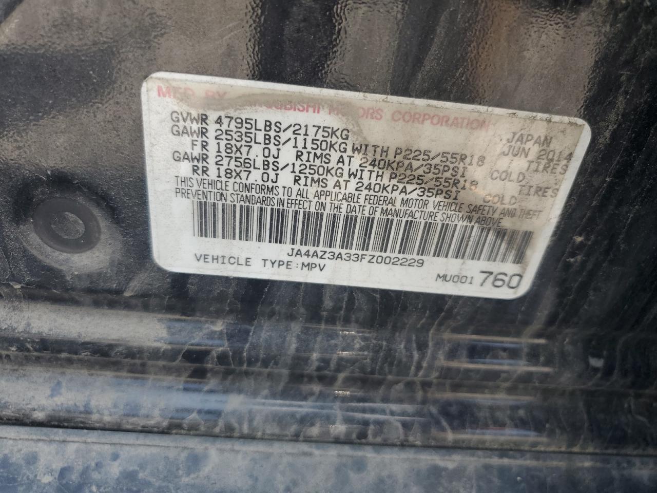 2015 Mitsubishi Outlander Se VIN: JA4AZ3A33FZ002229 Lot: 65027595
