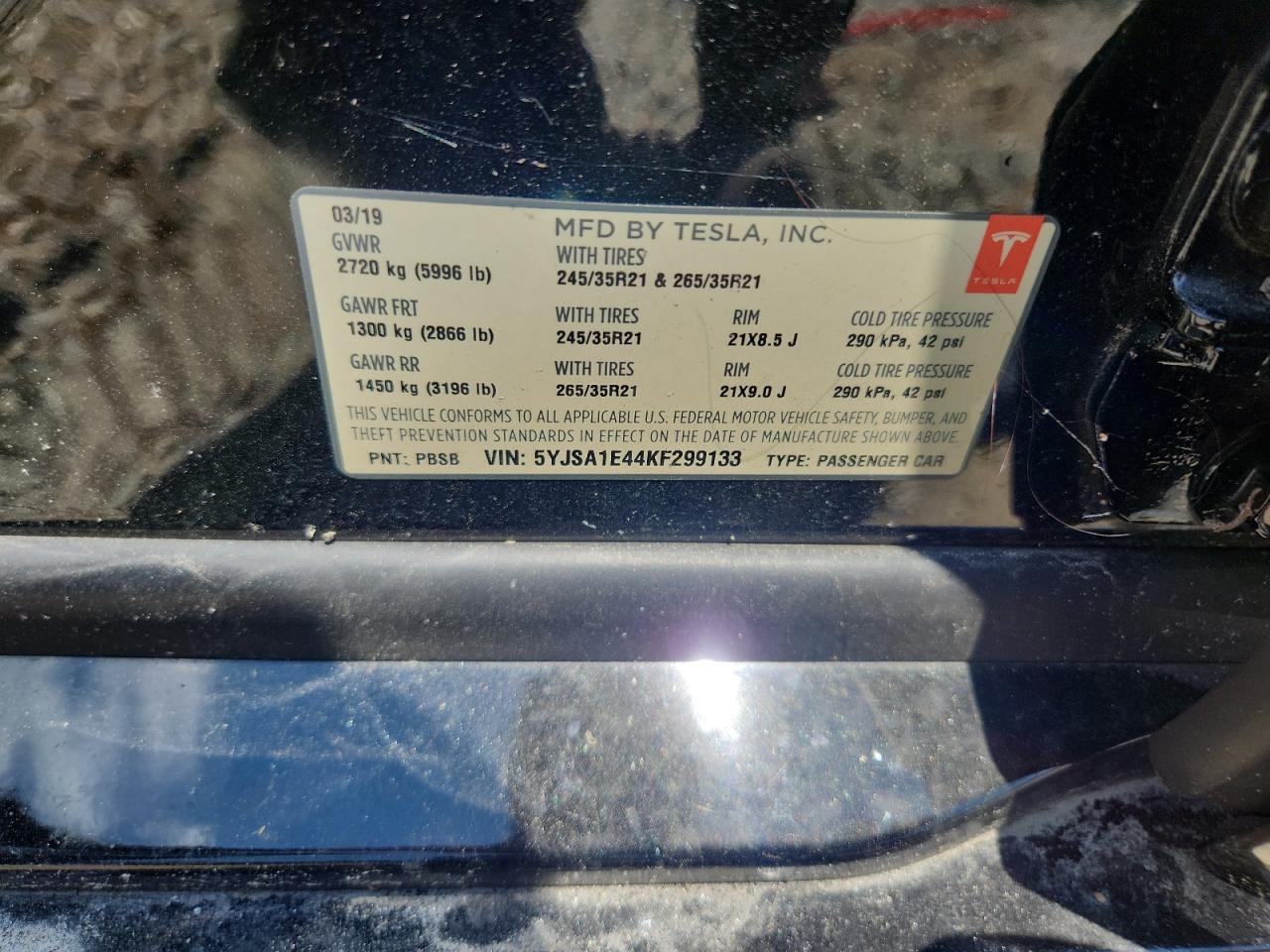2019 Tesla Model S VIN: 5YJSA1E44KF299133 Lot: 62745695