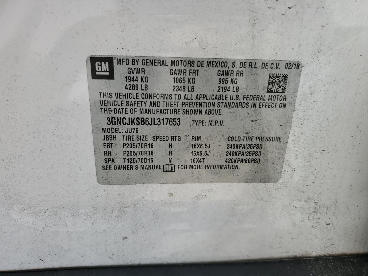2018 Chevrolet Trax Ls VIN: 3GNCJKSB6JL317653 Lot: 65404775