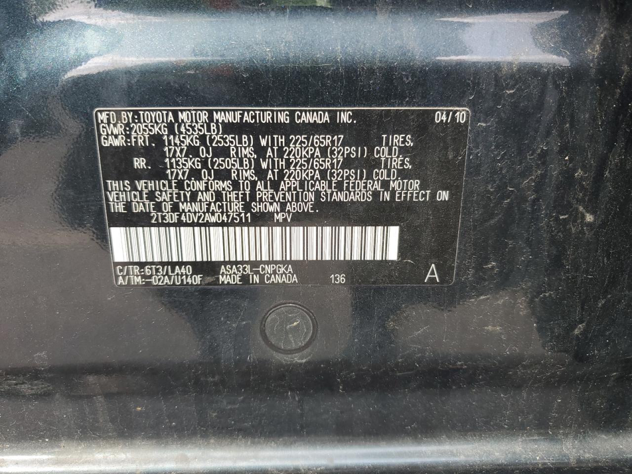 2010 Toyota Rav4 Limited VIN: 2T3DF4DV2AW047511 Lot: 63846835