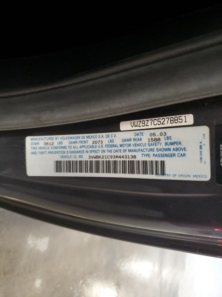 2003 Volkswagen New Beetle Gl VIN: 3VWBK21C93M443138 Lot: 63253965