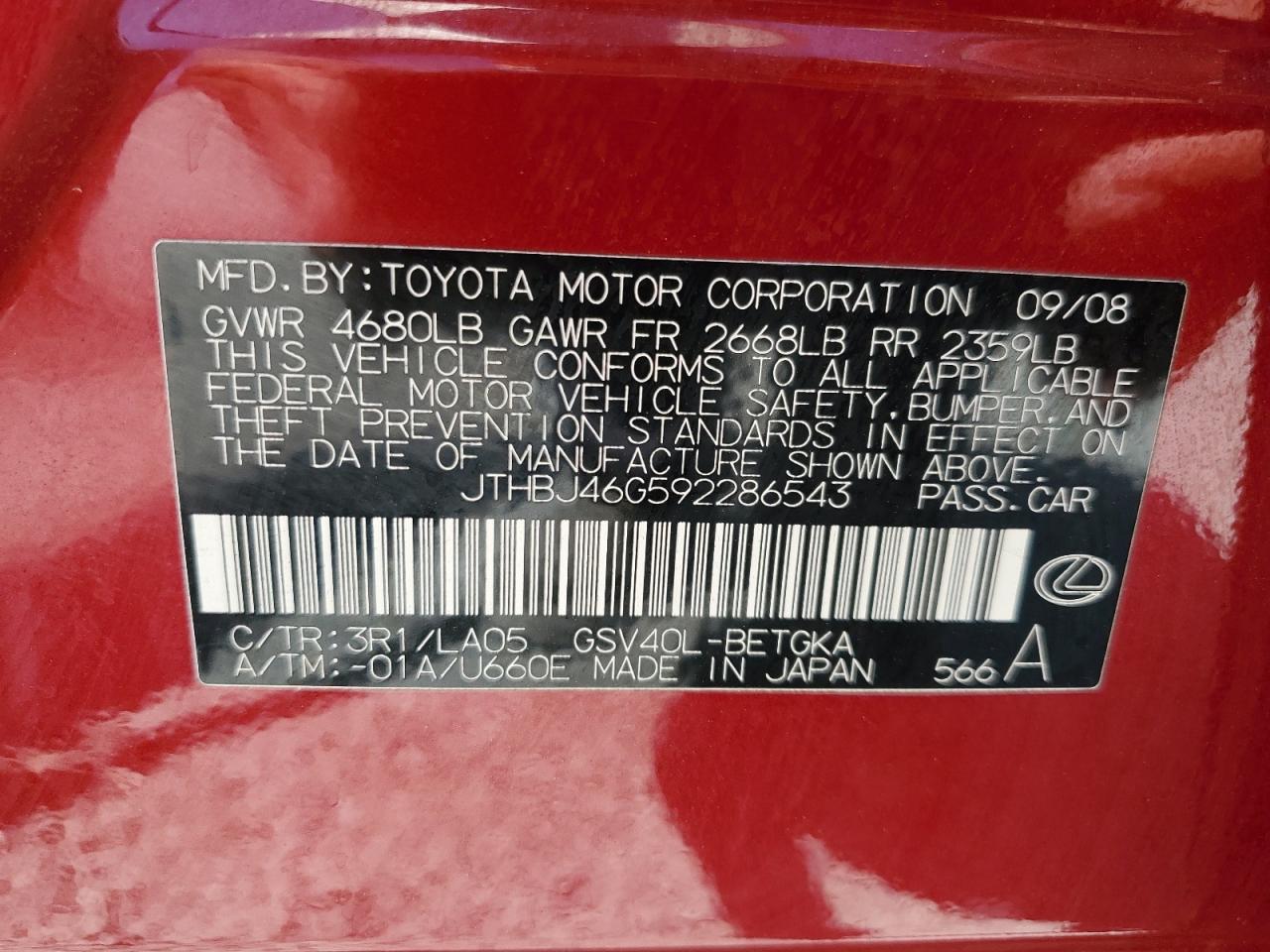 jthbj46g592286543 JTHBJ46G592286543 2009 Lexus Es 350