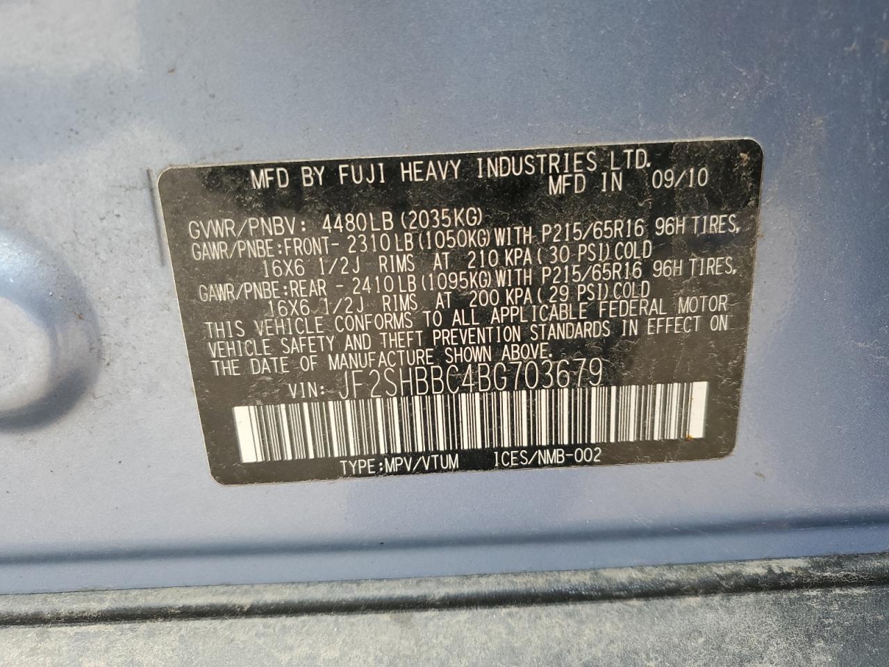 2011 Subaru Forester 2.5X VIN: JF2SHBBC4BG703679 Lot: 64521565