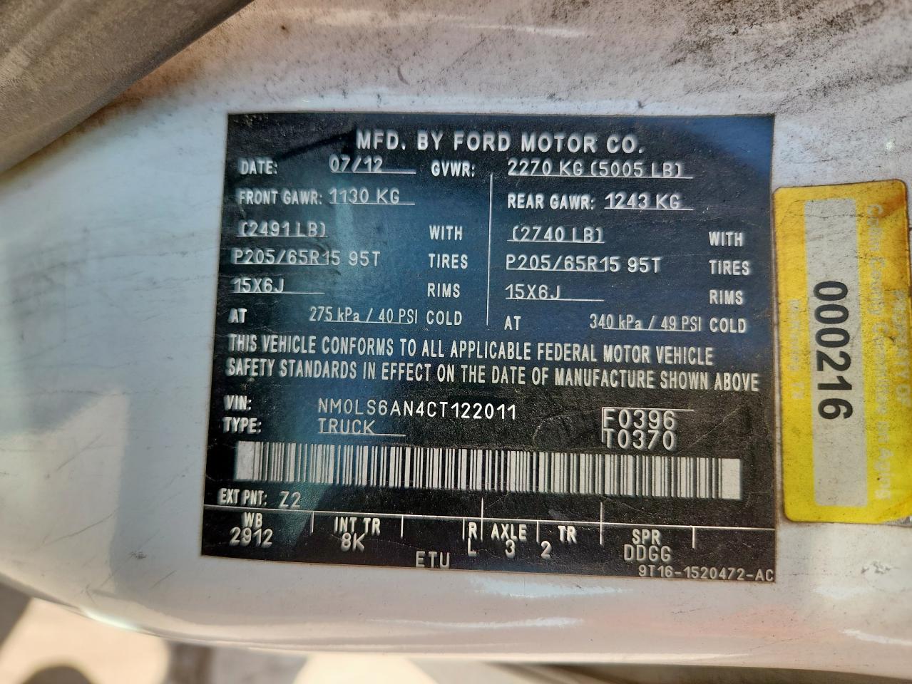 2012 Ford Transit Connect Xl VIN: NM0LS6AN4CT122011 Lot: 64082475