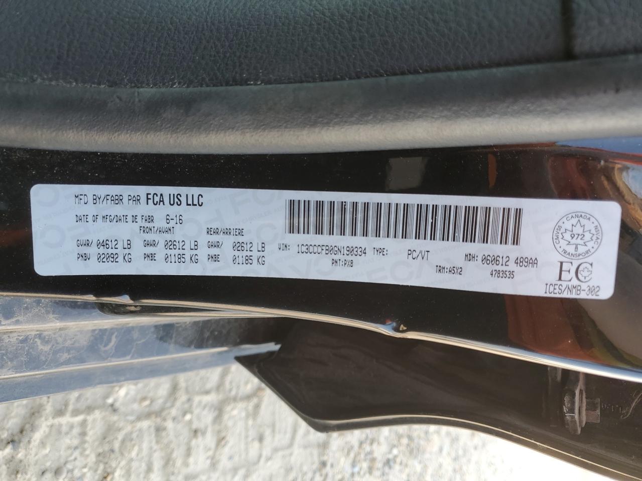 2016 Chrysler 200 Lx VIN: 1C3CCCFB0GN190334 Lot: 62712795