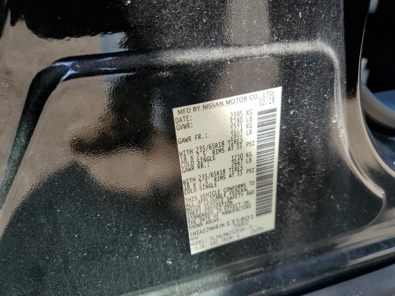 2018 Nissan Murano S VIN: 5N1AZ2MH8JN135801 Lot: 63023945
