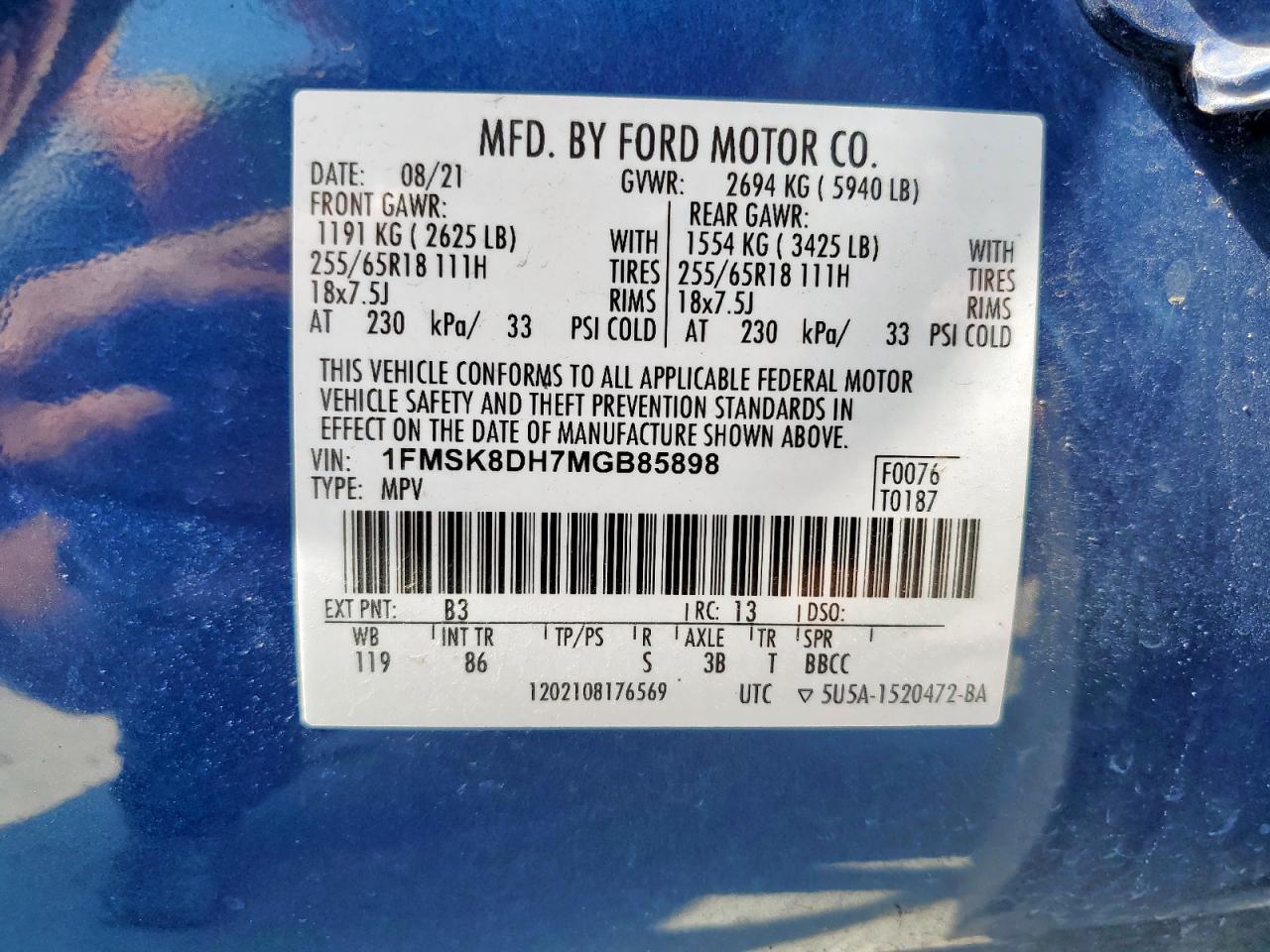 2021 Ford Explorer Xlt VIN: 1FMSK8DH7MGB85898 Lot: 64568655