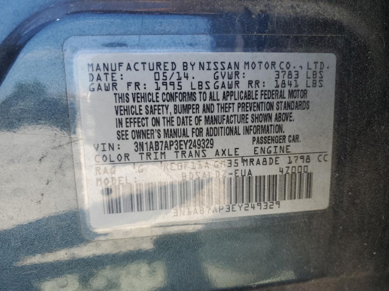 3N1AB7AP3EY249329 2014 Nissan Sentra S