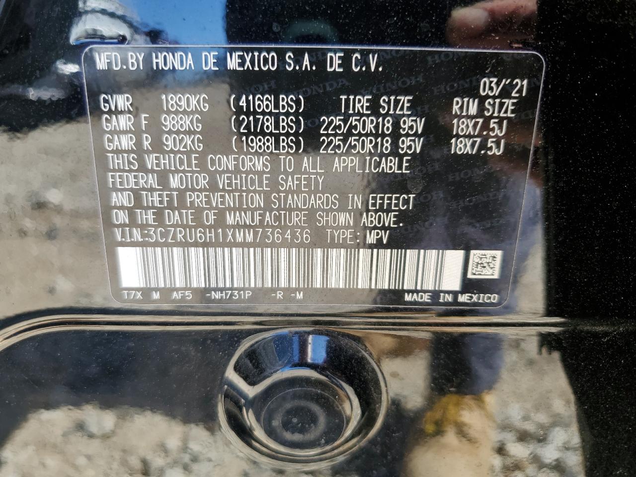 2021 Honda Hr-V Sport VIN: 3CZRU6H1XMM736436 Lot: 64403915