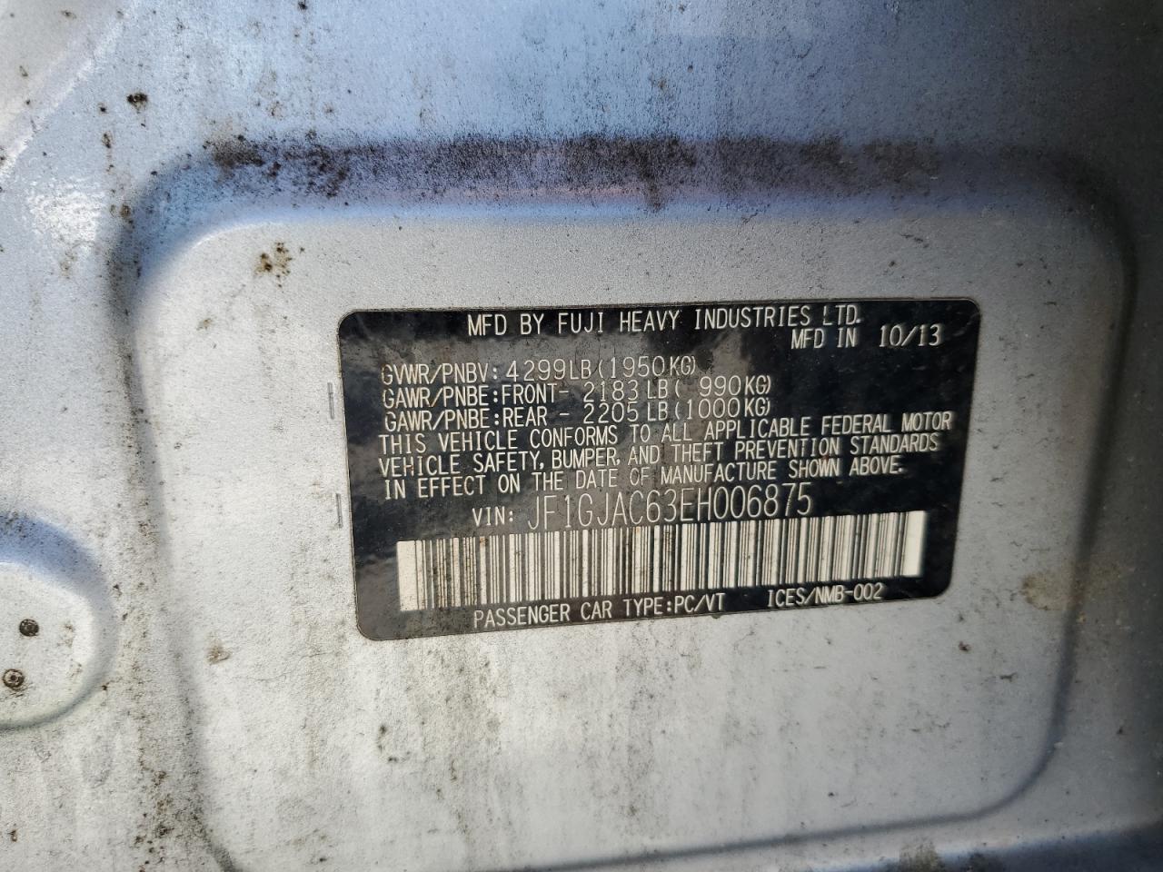 2014 Subaru Impreza Premium VIN: JF1GJAC63EH006875 Lot: 63855695