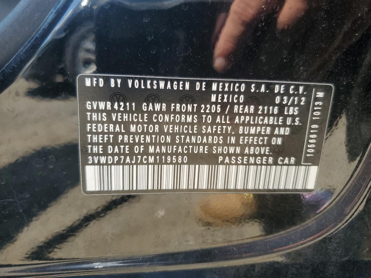2012 Volkswagen Jetta Se VIN: 3VWDP7AJ7CM119580 Lot: 65135665