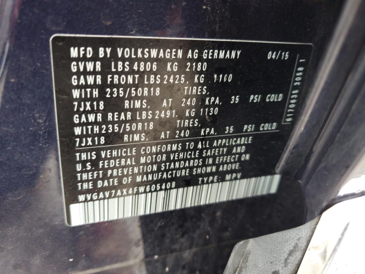 2015 Volkswagen Tiguan S VIN: WVGAV7AX4FW605408 Lot: 64851285