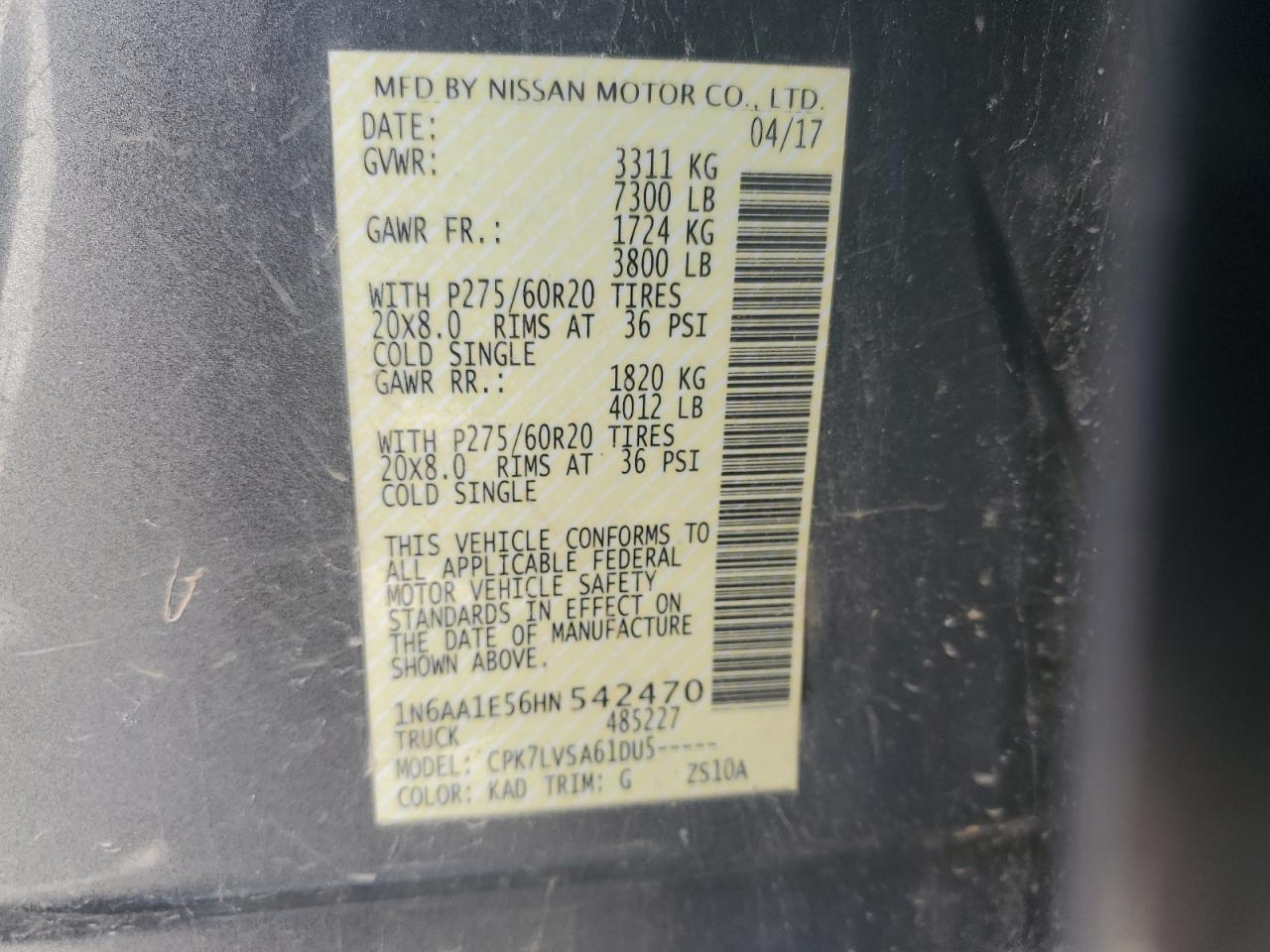 2017 Nissan Titan Sv VIN: 1N6AA1E56HN542470 Lot: 62740875