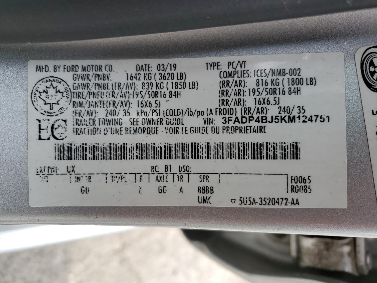 2019 Ford Fiesta Se VIN: 3FADP4BJ5KM124751 Lot: 64652725