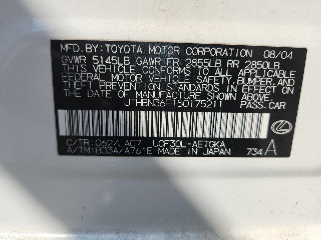 jthbn36f150175211 JTHBN36F150175211 2005 Lexus Ls 430