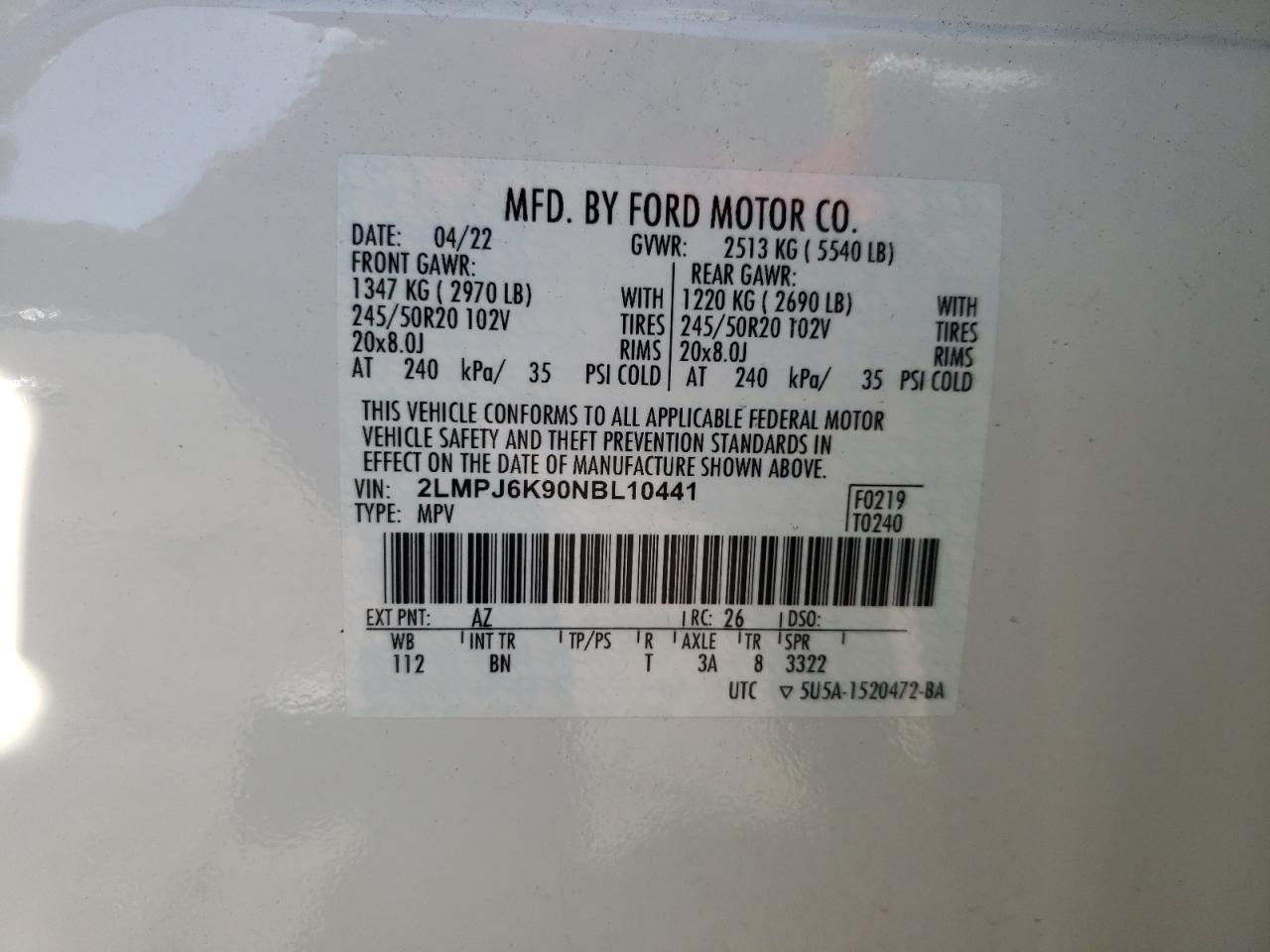 2022 Lincoln Nautilus Reserve VIN: 2LMPJ6K90NBL10441 Lot: 65975555