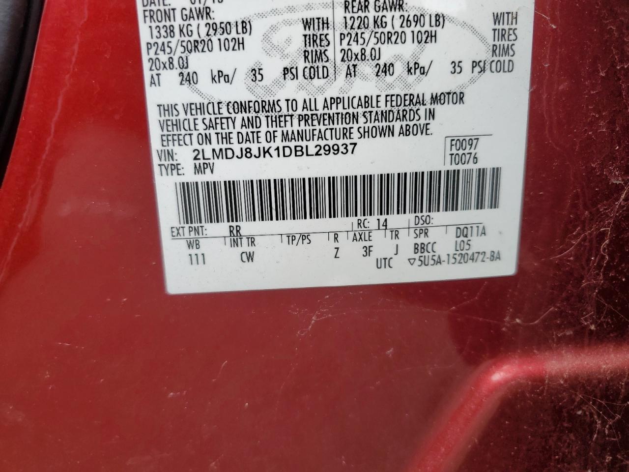 2013 Lincoln Mkx VIN: 2LMDJ8JK1DBL29937 Lot: 66771715